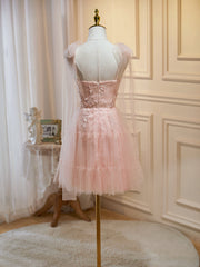 Robes de bal à floral rose courtes, robes de retour à la maison florale en tulle rose rose