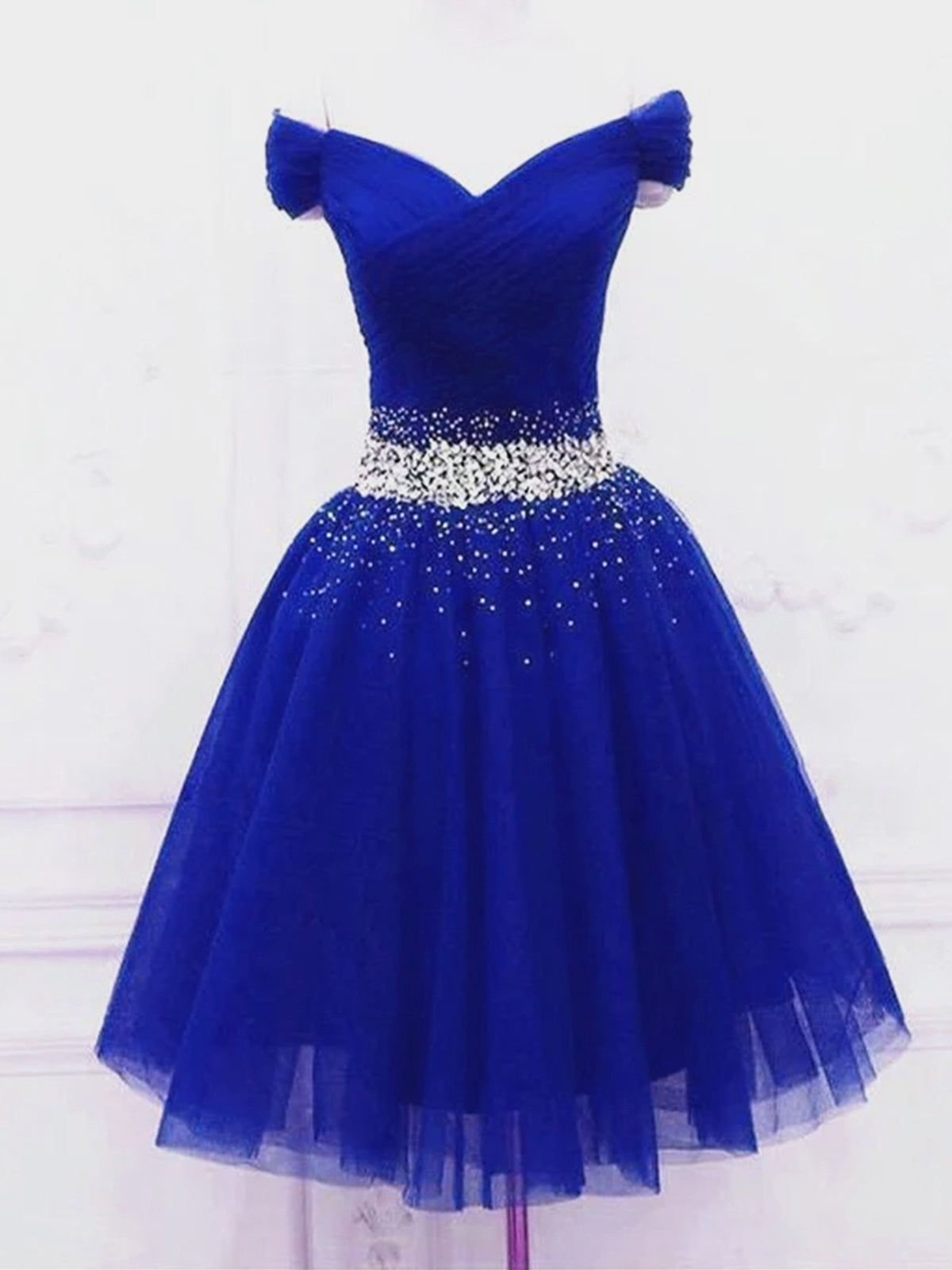 Courtes robes de bal en perles bleu royal, courtes robes de retour formelles en perles bleu royal