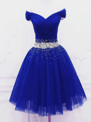 Courtes robes de bal en perles bleu royal, courtes robes de retour formelles en perles bleu royal