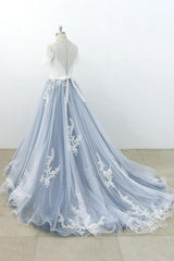 Short Sleeve Appliques Tulle A-line Wedding Dress