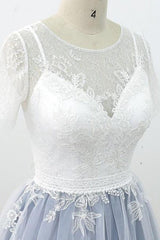 Short Sleeve Appliques Tulle A-line Wedding Dress