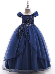 Short Sleeve Off-Shoulder Flower Girl Dress with Lace Embroidery