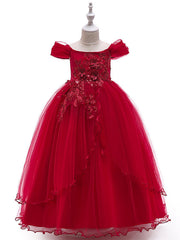 Short Sleeve Off-Shoulder Flower Girl Dress with Lace Embroidery