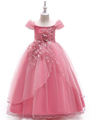 Short Sleeve Off-Shoulder Flower Girl Dress with Lace Embroidery