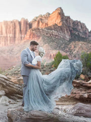 Short Sleeve Slate Blue Wedding Dresses for Photography VW1116