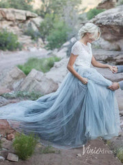 Short Sleeve Slate Blue Wedding Dresses for Photography VW1116