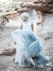 Short Sleeve Slate Blue Wedding Dresses for Photography VW1116