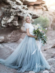 Short Sleeve Slate Blue Wedding Dresses for Photography VW1116