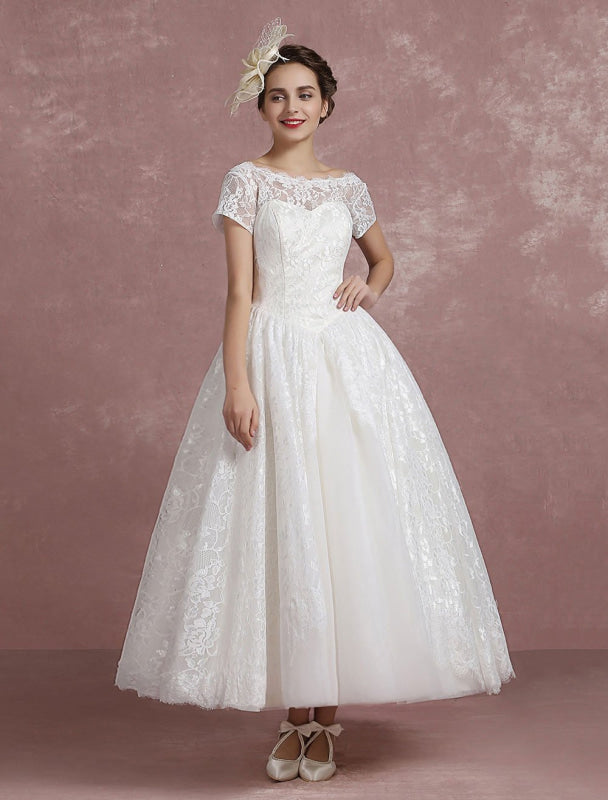 Short Sleeve Tea Length Bridal Dress Vintage Short Sleeves Aline Wedding Dress