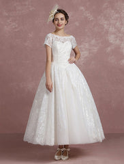 Short Sleeve Tea Length Bridal Dress Vintage Short Sleeves Aline Wedding Dress