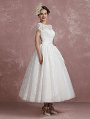 Short Sleeve Tea Length Bridal Dress Vintage Short Sleeves Aline Wedding Dress