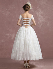 Short Sleeve Tea Length Bridal Dress Vintage Short Sleeves Aline Wedding Dress