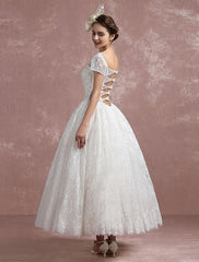 Short Sleeve Tea Length Bridal Dress Vintage Short Sleeves Aline Wedding Dress