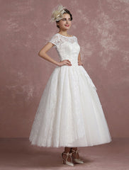 Short Sleeve Tea Length Bridal Dress Vintage Short Sleeves Aline Wedding Dress