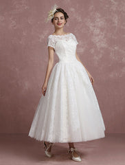 Short Sleeve Tea Length Bridal Dress Vintage Short Sleeves Aline Wedding Dress