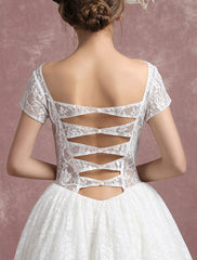 Short Sleeve Tea Length Bridal Dress Vintage Short Sleeves Aline Wedding Dress