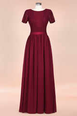 Modest Burgundy Chiffon Bridesmaid Dress Short Sleeves Lace Aline Evening Dress with Sash