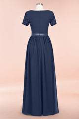Modest Burgundy Chiffon Bridesmaid Dress Short Sleeves Lace Aline Evening Dress with Sash