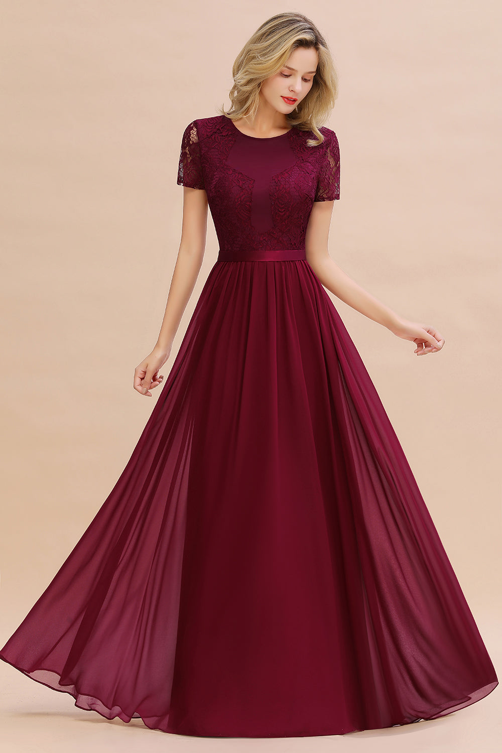 Modest Burgundy Chiffon Bridesmaid Dress Short Sleeves Lace Aline Evening Dress with Sash