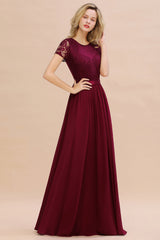 Modest Burgundy Chiffon Bridesmaid Dress Short Sleeves Lace Aline Evening Dress with Sash