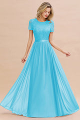 Modest Burgundy Chiffon Bridesmaid Dress Short Sleeves Lace Aline Evening Dress with Sash
