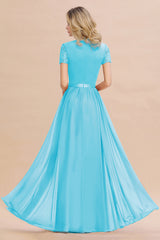 Modest Burgundy Chiffon Bridesmaid Dress Short Sleeves Lace Aline Evening Dress with Sash
