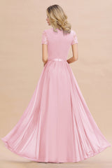 Modest Burgundy Chiffon Bridesmaid Dress Short Sleeves Lace Aline Evening Dress with Sash