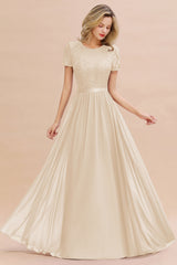 Modest Burgundy Chiffon Bridesmaid Dress Short Sleeves Lace Aline Evening Dress with Sash