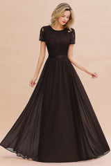 Modest Burgundy Chiffon Bridesmaid Dress Short Sleeves Lace Aline Evening Dress with Sash