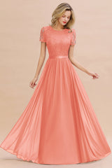 Modest Burgundy Chiffon Bridesmaid Dress Short Sleeves Lace Aline Evening Dress with Sash