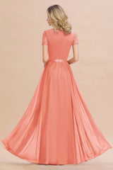 Modest Burgundy Chiffon Bridesmaid Dress Short Sleeves Lace Aline Evening Dress with Sash