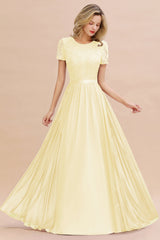 Modest Burgundy Chiffon Bridesmaid Dress Short Sleeves Lace Aline Evening Dress with Sash