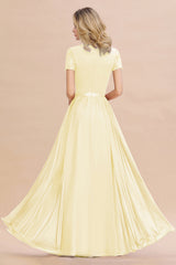 Modest Burgundy Chiffon Bridesmaid Dress Short Sleeves Lace Aline Evening Dress with Sash