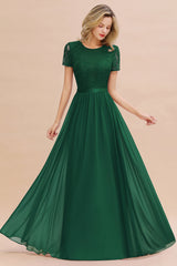 Modest Burgundy Chiffon Bridesmaid Dress Short Sleeves Lace Aline Evening Dress with Sash