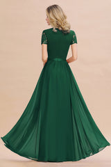 Modest Burgundy Chiffon Bridesmaid Dress Short Sleeves Lace Aline Evening Dress with Sash
