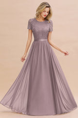 Modest Burgundy Chiffon Bridesmaid Dress Short Sleeves Lace Aline Evening Dress with Sash