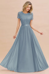 Modest Burgundy Chiffon Bridesmaid Dress Short Sleeves Lace Aline Evening Dress with Sash
