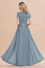 Modest Burgundy Chiffon Bridesmaid Dress Short Sleeves Lace Aline Evening Dress with Sash
