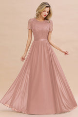 Modest Burgundy Chiffon Bridesmaid Dress Short Sleeves Lace Aline Evening Dress with Sash