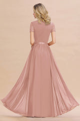 Modest Burgundy Chiffon Bridesmaid Dress Short Sleeves Lace Aline Evening Dress with Sash