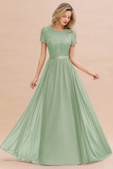 Modest Burgundy Chiffon Bridesmaid Dress Short Sleeves Lace Aline Evening Dress with Sash