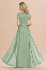 Modest Burgundy Chiffon Bridesmaid Dress Short Sleeves Lace Aline Evening Dress with Sash