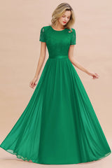 Modest Burgundy Chiffon Bridesmaid Dress Short Sleeves Lace Aline Evening Dress with Sash