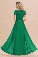 Modest Burgundy Chiffon Bridesmaid Dress Short Sleeves Lace Aline Evening Dress with Sash
