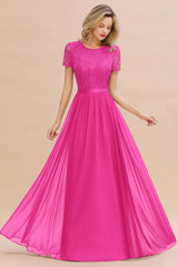 Modest Burgundy Chiffon Bridesmaid Dress Short Sleeves Lace Aline Evening Dress with Sash