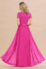 Modest Burgundy Chiffon Bridesmaid Dress Short Sleeves Lace Aline Evening Dress with Sash