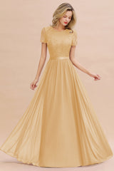Modest Burgundy Chiffon Bridesmaid Dress Short Sleeves Lace Aline Evening Dress with Sash