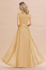 Modest Burgundy Chiffon Bridesmaid Dress Short Sleeves Lace Aline Evening Dress with Sash