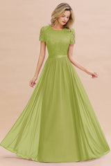 Modest Burgundy Chiffon Bridesmaid Dress Short Sleeves Lace Aline Evening Dress with Sash