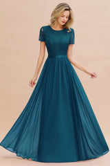 Modest Burgundy Chiffon Bridesmaid Dress Short Sleeves Lace Aline Evening Dress with Sash